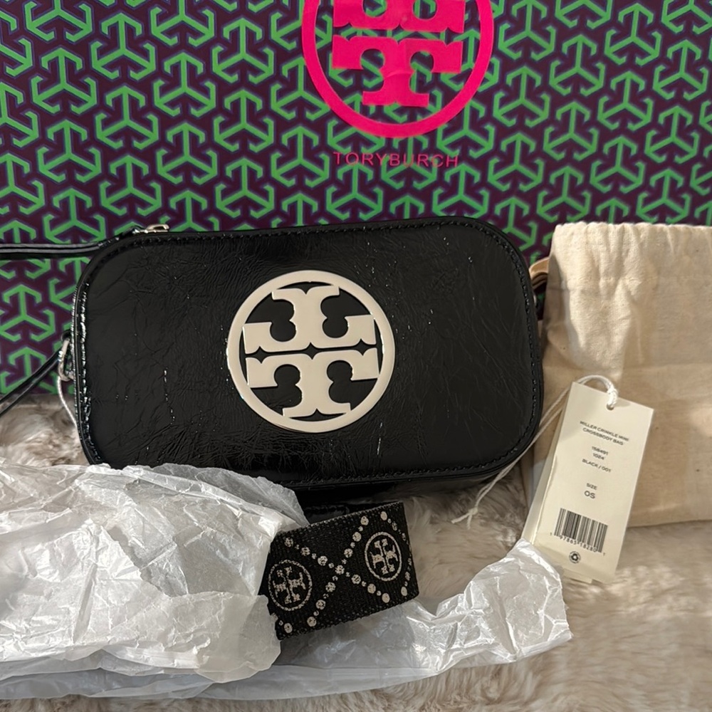 Tory Burch Black Crossbody Bag with Guitar Logo Strap